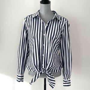 Alex Marie Navy & White Striped Blouse Sz L Bow-tie Front Hem Design Preppy Chic